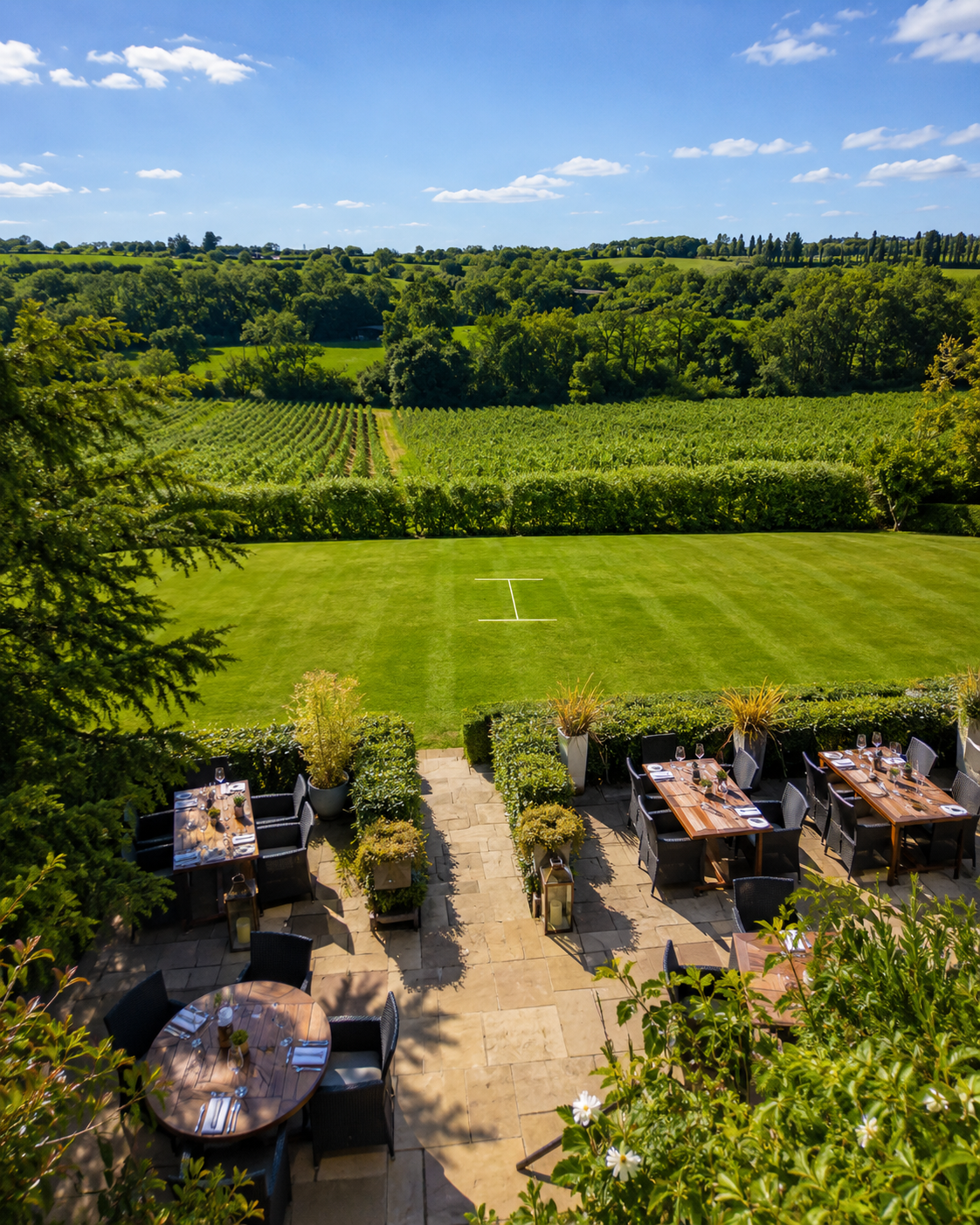 Outdoor terrace dining at Nuthurst Grange