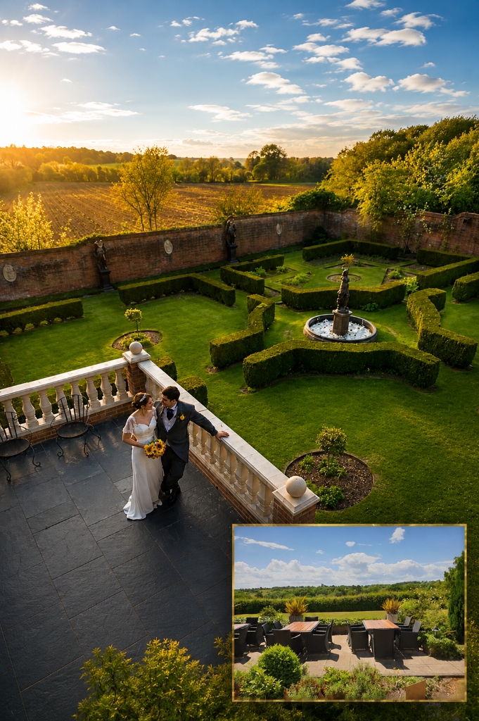 Outdoor terrace dining at Nuthurst Grange