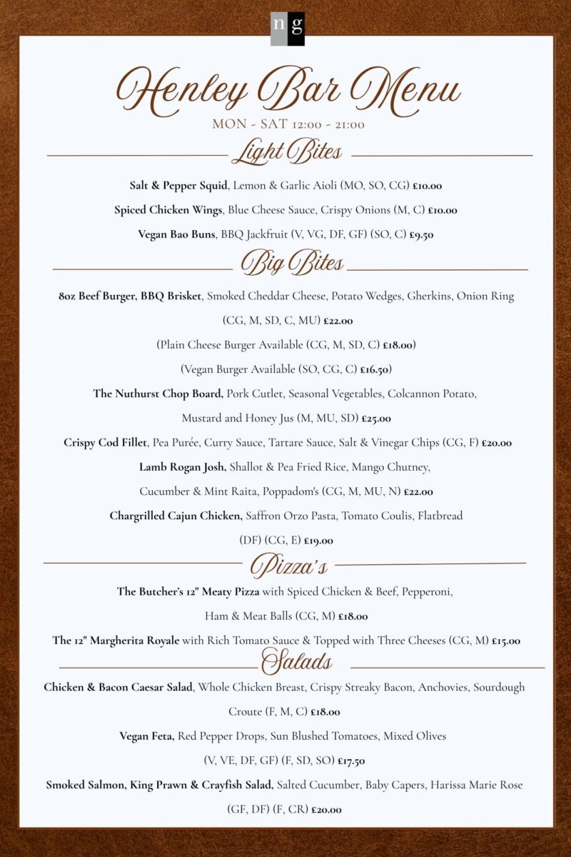 Henley Bar Menu
