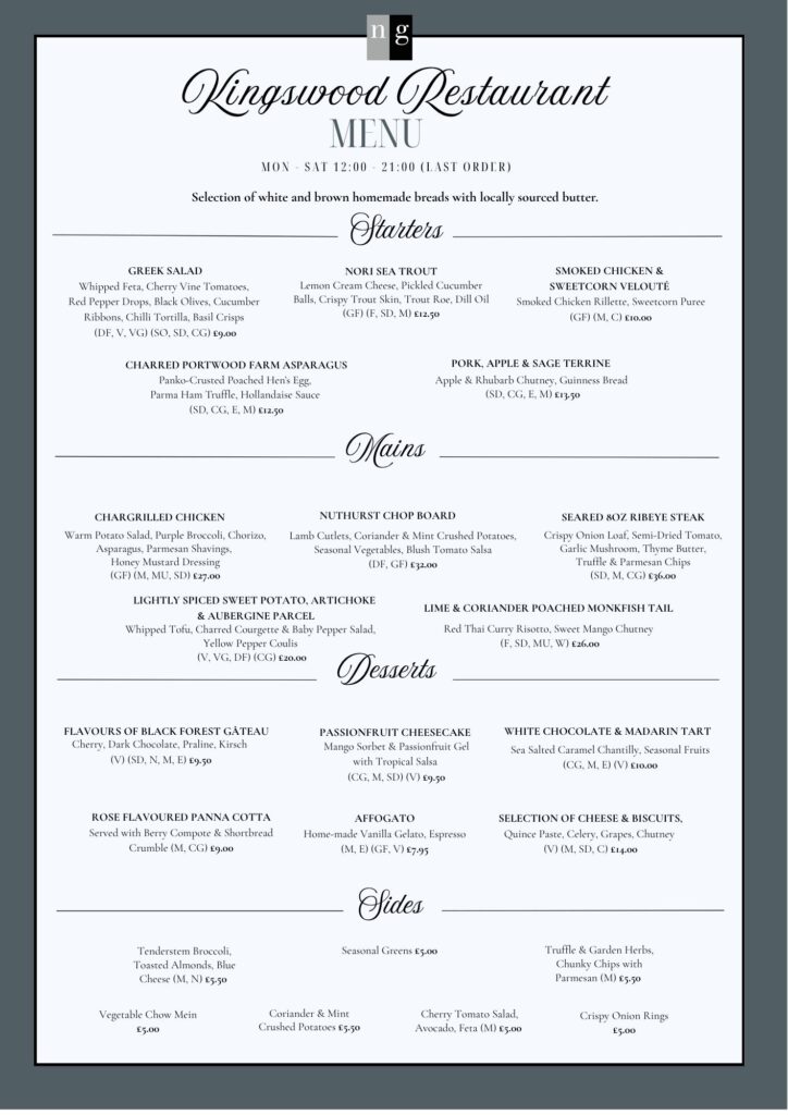 Kingswood Restaurant Menu