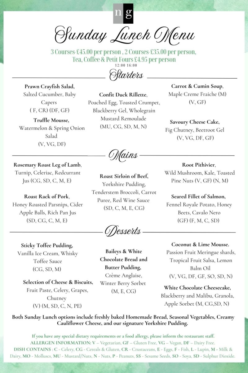 Sunday Lunch Menu